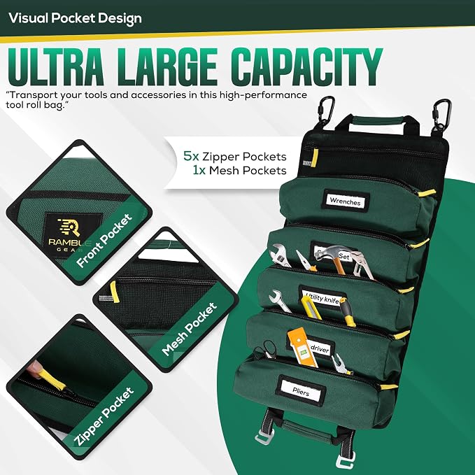Roll Up Tool Bag Organizer – Heavy Duty Canvas Tool Roll Bag, Tool Roll Up with 5 Oversized Labeled Pockets & Carabiners, Portable Roll Up Tool Organizer for Mechanic, Truck & Car (Green)