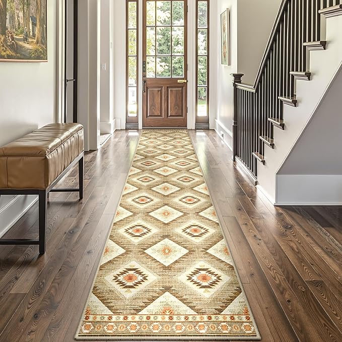 Area Rug 2x6 Rug Machine Washable Non-Slip Low Pile Print Pattern Western Rug for Living Room Bedroom Entryway Tribal Series -Cream/Camel | Soft Western No Slip Low Pile Print Foldable Indoor Small Rug for Kitchen entrance entryway hallway