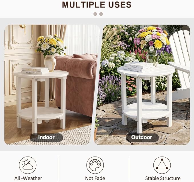 2 Tier Round Outdoor Side Table with Wood-Like Grain, HDPE Adirondack Table Patio Side Table, Weather Resistant End Table for Pool, Patio & Porch, Small Outdoor Table (White, Round)