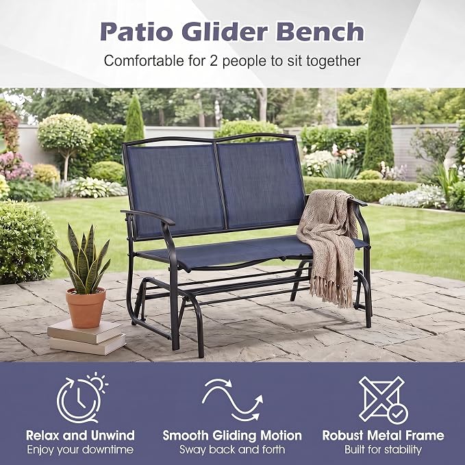 Tangkula 2-Person Patio Swing Glider Bench, Outdoor Rocker Glider Loveseat Chair W/Heavy-Duty Steel Frame, Breathable Seat Fabric, Rocking Lounge Chair for Poolside, Garden, Backyard (Dark Blue)