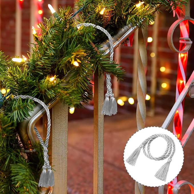 Dingion 20 Pcs Christmas Garland Decorative Banister Ties with Tassel 25.2 Inches Christmas Reusable Twist Ties for Garland Fireplace Staircase Banister Home Xmas Holiday Decorations(Silver)