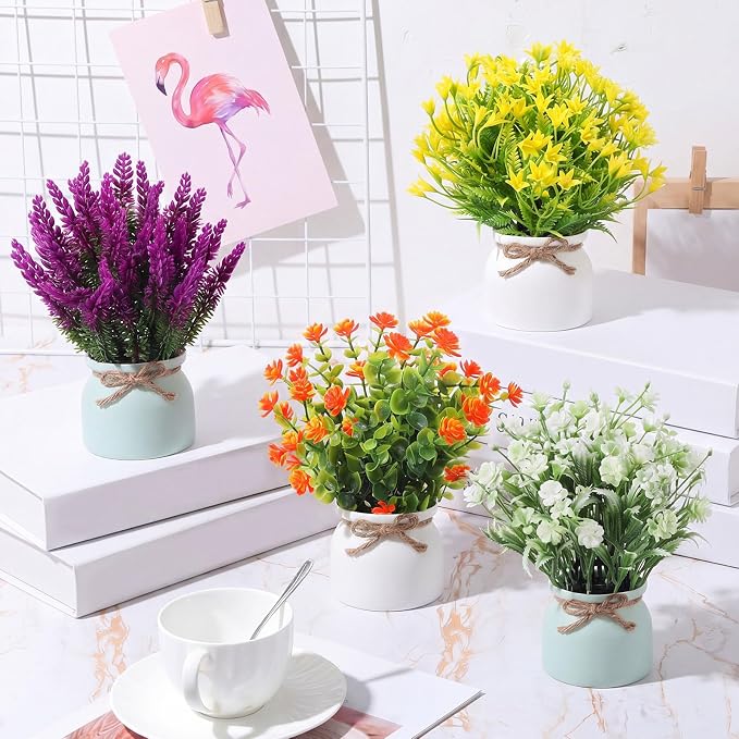 Cindeer 4 Pcs Large Artificial Potted Flowers Fake Potted Plants Plastic Faux Flowers for Home Decor Indoor Artificial Plants in Pots for Wedding Home Desk Tabletop Outdoor Office Kitchen (Vintage)