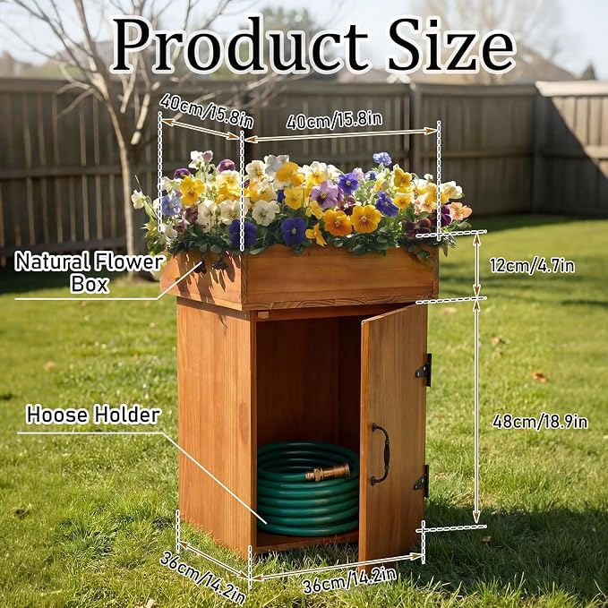 AceOrbit 2 in 1 Wood Hidden Hose Storage with Planter Box, Outdoor Decorative Flower Box with Storage Cabinet Holds up to 200 Feet of 5/8 Inch Hose for Patio, Porch & Garden Space-saving Decor