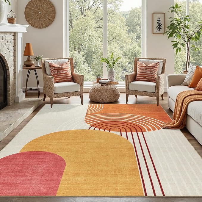 DCX Abstract Washable 8x10 Rug, Non Slip Low Pile Rug, Orange & Yellow | Rugs for living room, bedroom, dining room, office, soft, mid century modern rug, sain resistant indoor carpet, home decor