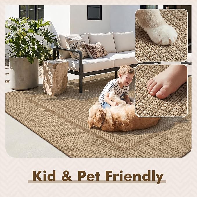 MontVoo-Outdoor Rug-Patio Rug 4x6 Polypropylene Indoor Outdoor Rugs Outdoor Carpet for Patio Deck Balcony Porch, Textured Weave, Durable for High Traffic, Fade-Resistant, Modern Neutral Brown