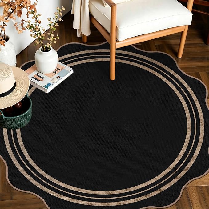 Scalloped Round Entryway Rug 4ft, Indoor Outdoor Patio Rug Washable Farmhouse Easy Jute Bedroom Area Rug, Non Slip Black Round Kitchen Circle Rugs for Living Room Front Porch