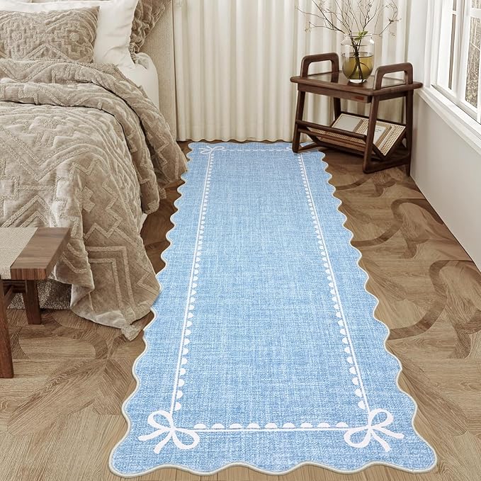 GarveeHome Scalloped Hallway Runner Rug 2x6 Non Slip Bedroom Rugs, Blue | Washable Bow Rug for Girls Dorm Nursery Living Room Entyrway Kitchen, Soft Low Pile Ultra-Thin Stain Resistant Indoor Carpet