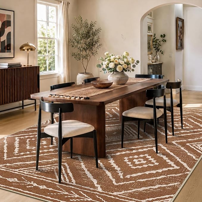5'x7' Washable Area Rug for Living Room Bedroom Yellowbrown | Soft Western No Slip Low Pile Print Foldable Indoor for Kitchen Dining Room