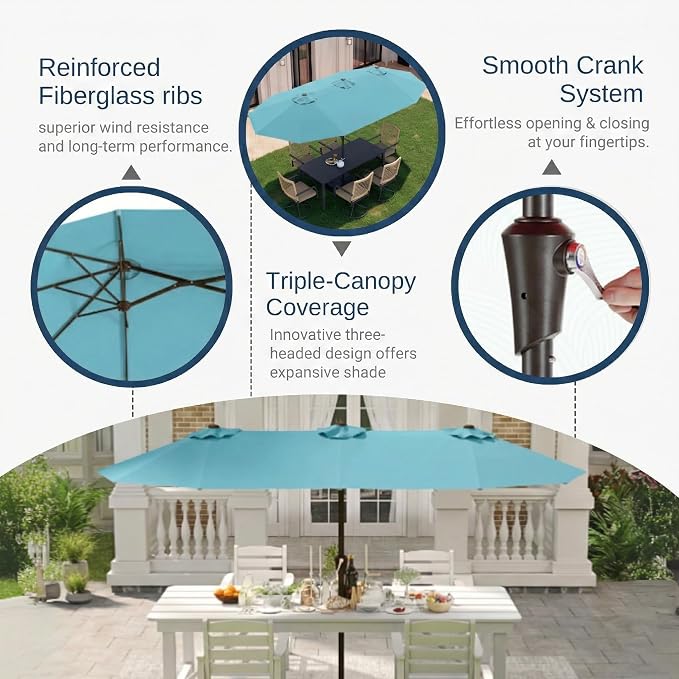 15FT Large Patio Umbrella with Base Included, Double Sided Outdoor Market Umbrella with Flexible Fiberglass Ribs, UV-Blocking Extra Large Umbrella for Garden, Pool, Deck, Sky Blue
