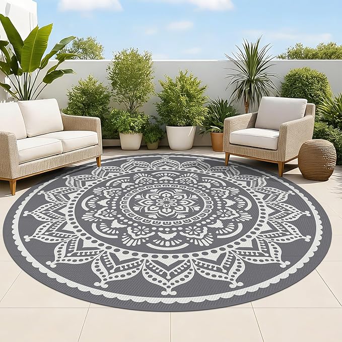 Bsmathom Waterproof Outdoor Rug 6ft Round Reversible Boho Plastic Straw Patio Deck Camping Rugs, Indoor Outdoor Portable RV Mat Carpet for Outside, Porch, Balcony, Backyard, Beach, Pool,Grey