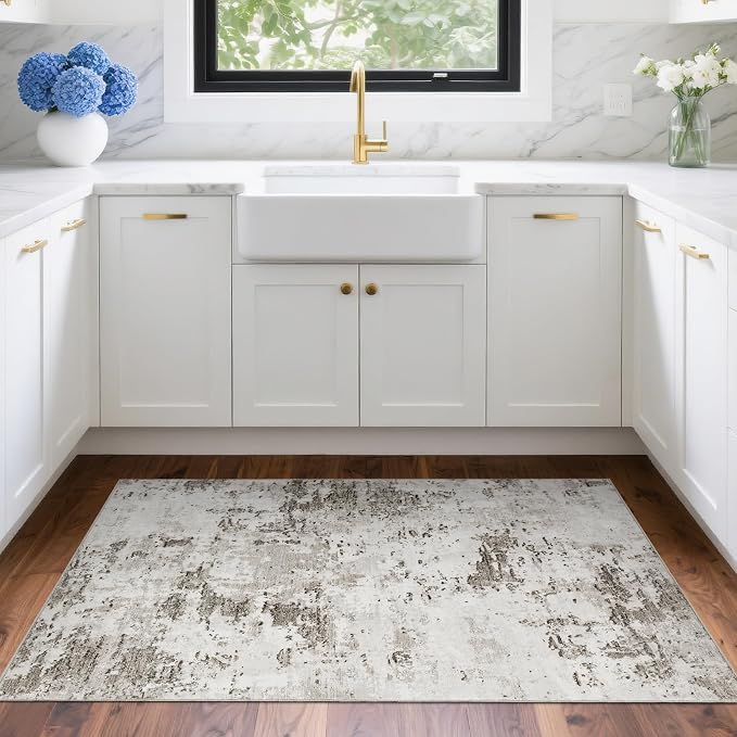 ROYHOME Modern Abstract 2x3 Area Rug Non Slip Non Shedding, Taupe/Beige | Low Pile Stain Resistant Rug for Entryway Kitchen Bedroom