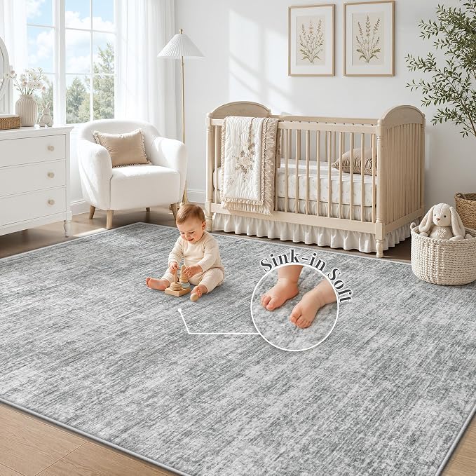6x9 Area Rugs Living Room Rug: Washable Modern Abstract Rugs Neutral Non Slip Rug Soft Low Pile Indoor Bedroom Carpet for Nursery Office Dining Room Kids Room (Grey, 6'x9')