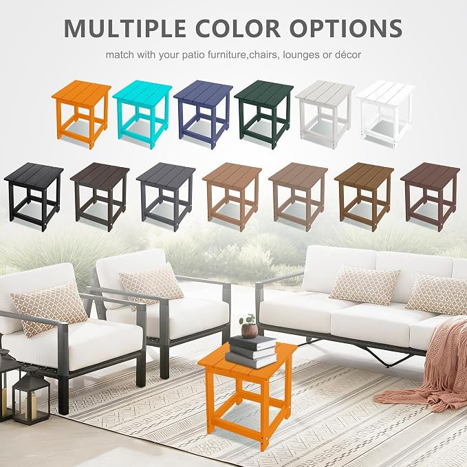LZRS Patio Side Table, Heavy Duty HDPE Outdoor End Table with Wood Texture, Weatherproof Composite Table for Adirondack Chairs, Deck, Pool, Indoor/Outdoor, No Peeling or Cracking(Orange)