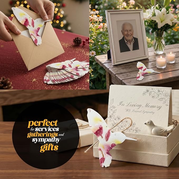 Plantable Memorial Gift Tags with Wildflower Seeds – 24 Pack Pink & Yello Hummingbird-Shaped Writable Gift Wrap Tags for Funeral Favors, Sympathy Gifts & Celebration of Life Keepsakes