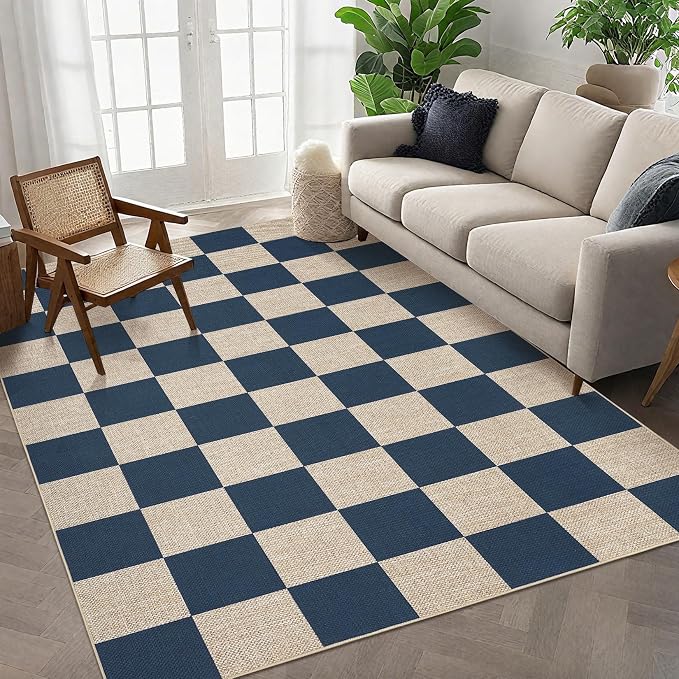 GarveeHome Checkered Easy Jute 5x7 Area Rugs for Living Room Machine Washable Non-Slip Backing Stain Resistant Modern Indoor Outdoor Rugs for Farmhouse Dining Room Patio Navy Blue