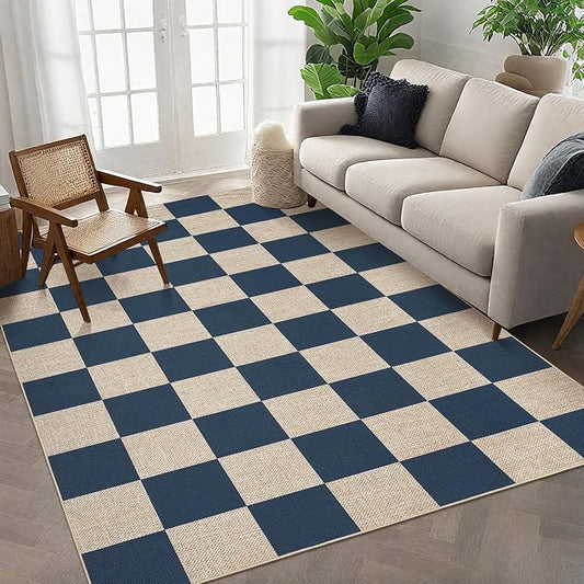 GarveeHome Checkered Easy Jute 5x7 Area Rugs for Living Room Machine Washable Non-Slip Backing Stain Resistant Modern Indoor Outdoor Rugs for Farmhouse Dining Room Patio Navy Blue