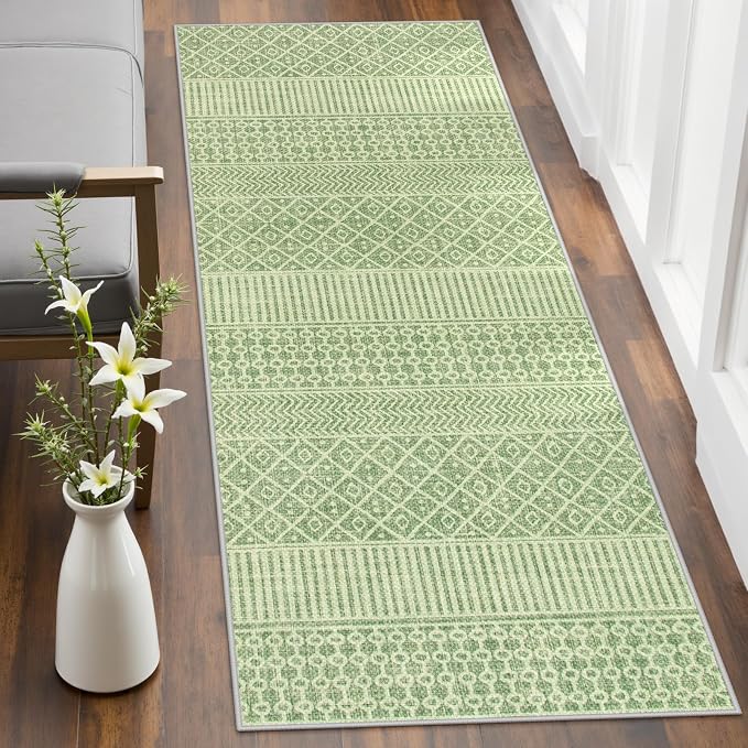 Lahome Farmhouse Washable 2x6 Kitchen Runner Rug, Non-Slip, Sage Green | Boho Textured Neutral, Low-Pile, Geometric Pattern, Modern, Moroccan, Entryway Hallway Runner Kitchen Bathroom Laundry Room