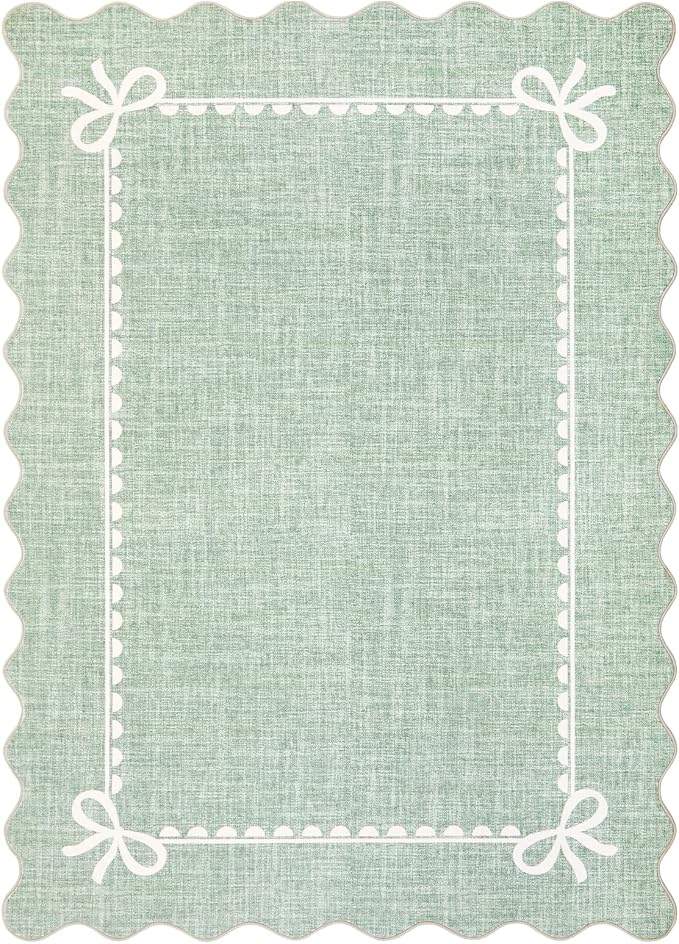 GarveeHome Scalloped Bow Rug 4x6 Washable Rugs for Living Room, Sage Green | Non Slip Soft Low Pile Indoor Carpet for Nursery Girls Bedroom Decor Hallway Kids Room College Dorm Playroom