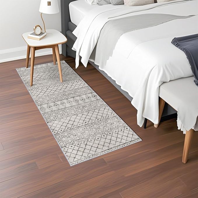 2x5 Rug Runner Moroccan: Washable Hallway Non Slip Runner Geometric Grey | Pets Friendly Runner Low Pile Soft Indoor Floor Mat Front Door for Kitchen Bedroom Entryway Laundry