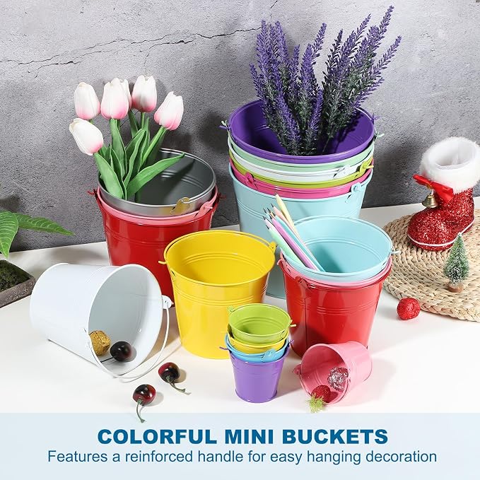 PATIKIL 5.1"x4.7" Small Metal Buckets with Handle, 12 Pcs Mini Galvanized Bucket Colorful Easter Buckets for Crafts Party Favors Decoration, Silver
