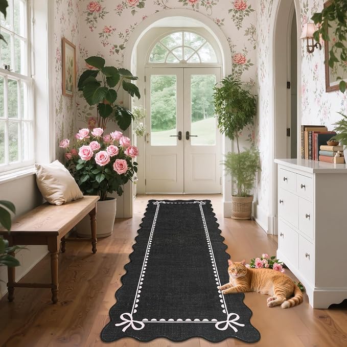 GarveeHome Scalloped Hallway Runner Rug 2x6 Non Slip Black Pink Rugs | Washable Bow Rug for Girls Bedroom Dorm Nursery Entyrway Kitchen, Soft Low Pile Ultra-Thin Stain Resistant Indoor Carpet