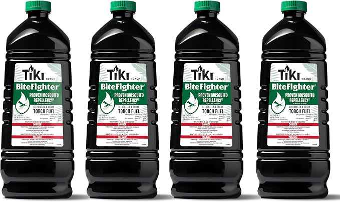 TIKI BiteFighter® Mosquito Repellent Torch Fuel 3/4 Gallon (100 oz.) 4-Pack, Citronella & Cedar Formula for Mosquito Repellency, Easy Pour Bottle, Use with Torches & Table Torches, Outdoor & Backyard