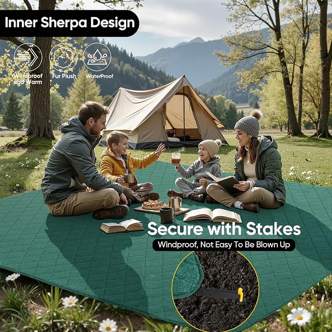 Northroad Waterproof Outdoor Blanket w/Sherpa Lining, Large Windproof Camping Blankets for Cold Weather, Light Weight and Warm for Stadium, Hiking, Dog, Picnic, Washable, 55”X 82” (Green, 1PCS)