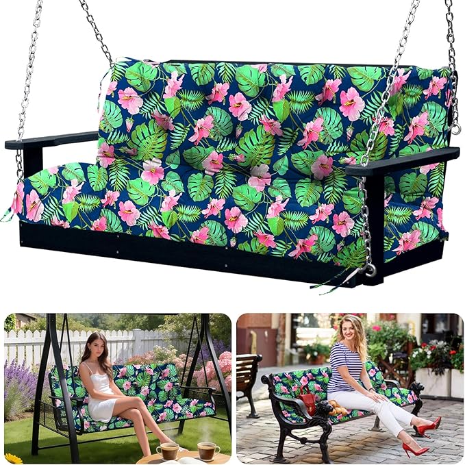 Porch Swing Cushions 2 Seater Replacement Thicken 5" Waterproof & Fade Resistant Swing Cushions for Outdoor Furniture Bench Patio Swing Cushion with Backrest & Ties(Navy Floral 40x40x5inch)
