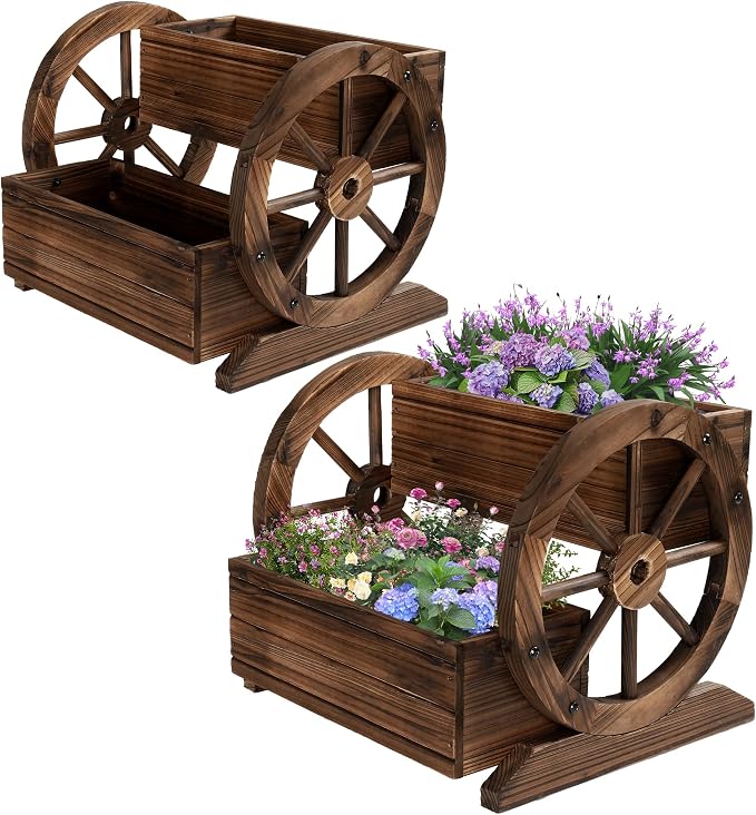 OIPRTGFJ Wooden Wagon Planter Box Garden Planter with Wheels (2-Tier Planter Box-2PCS)