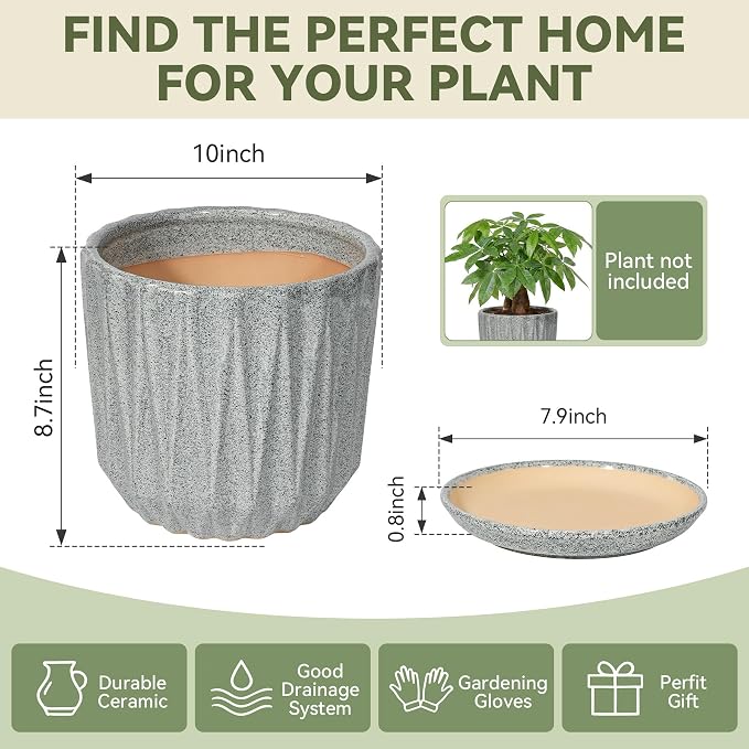 10 Inch Ceramic Planter Pot with Saucer Drainage Leak-Proof Mesh,Flower Pots for Indoor Plants with Gardening Gloves,Ceramic Planter(Stone Grey)