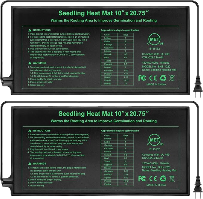 Upgraded MET Certified Seedling Heat Mat 10"x20.75",Waterproof Plant Heating Mat Heating Pad for Seed Germination,Hydroponic Heating Pad Seed Starter (2 Pack)