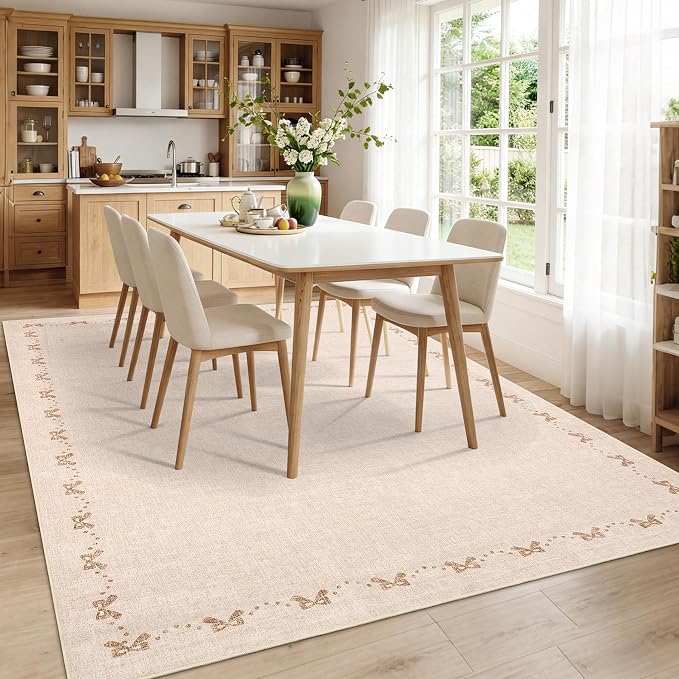 COZYLOOM 8x10 Area Rugs for Living Room Modern Bow Border Rug with Non Slip Backing, Non Shedding Low Pile Washable Rug Stain Resistant Foldable Mats for Dining Room, Bedroom, Office, Beige