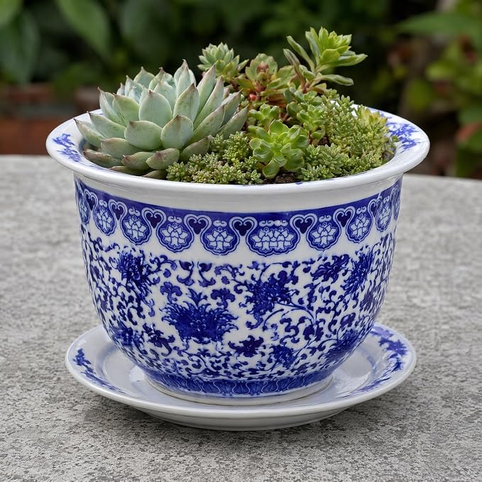 Blue and White Flower Pot with Drain Hole, Blue and White Planter Ceramic Ceramic Decorative Flower Pot Chinoiserie Planter, Diameter 6.7 inch