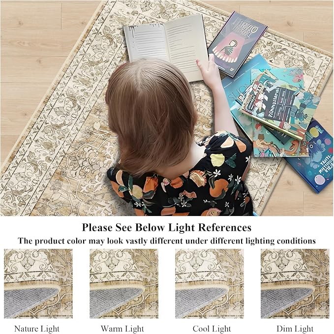 U'Artlines 2' x 6' Boho Hallway Runner Rug Non Slip Runners,Cream Tan | Washable, Vintage Farmhouse Kitchen Rug Accent Area Carpet for Entryway Laundry and Living Room