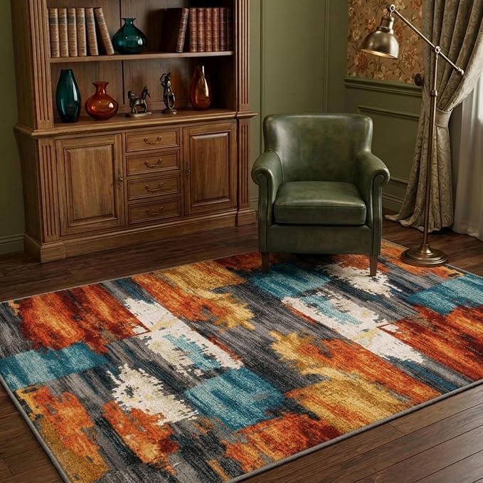 5x7 Burnt Orange and Teal Abstract Brushstroke Area Rug | Soft Low-Pile Machine-Washable Rug with Non-Slip Backing for Dining Rooms, Entryways and Reading Areas for Easy Everyday Care