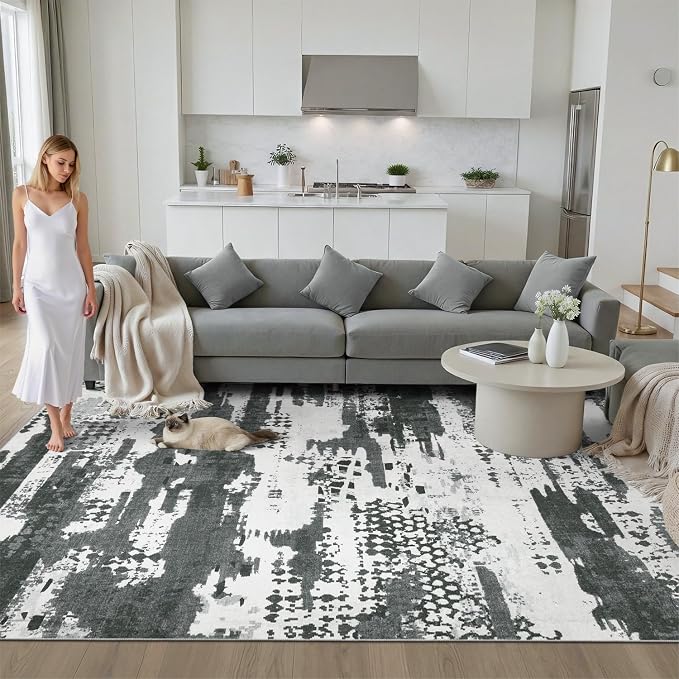 DCX Washable Abstract Area Rug 6x9, Non Slip Low Pile Rug, Black | Easy to clean, non-shedding, soft, kid & pet friendly, with a non-slip rubber backing for living rooms, bedrooms, and offices