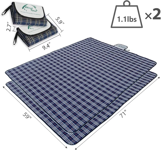 Wind Tour Waterproof Picnic Blanket with Carry Strap - Foldable Sandproof Outdoor Mat for Camping, Beach, Park - 59" x 71",Navy Blue(Two Mat Set)