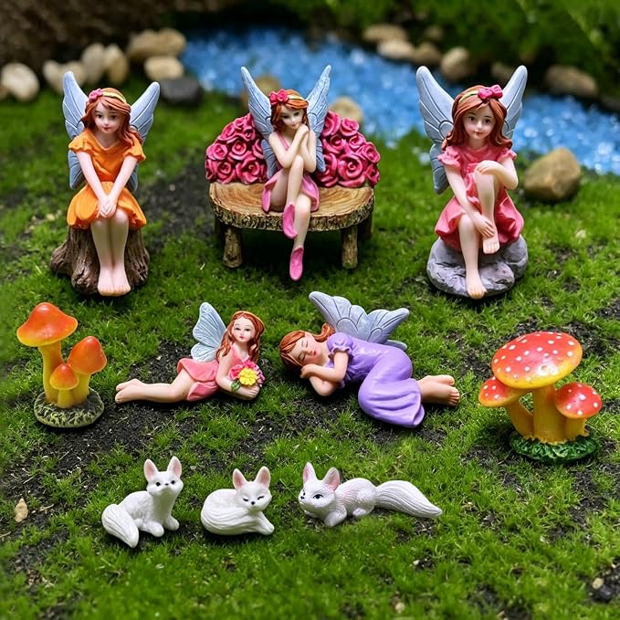 Miniature Fairy Garden Accessories Set - 5 Resin Fairies (Sleeping, Sitting on Stone/Stump/Bench) with 3 White Fox Statues & 2 Spotted Mushrooms - Whimsical Forest Decor for Terrarium, Patio & Gifts