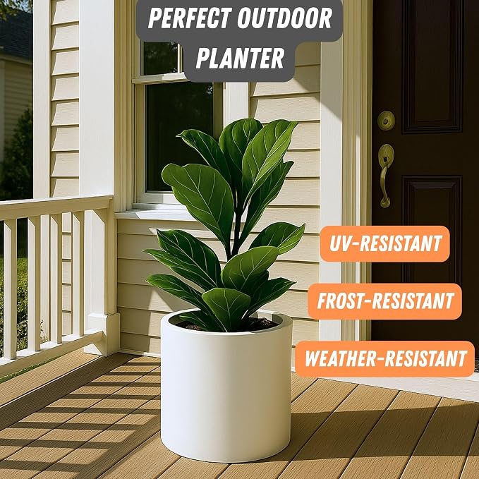 Fox & Fern Large Indoor Planter, Modern Large Plant Pot for Indoor or Outdoor, UV and Frost Resistant - 12 Inch, Fiberstone, Matte White Flower Pot with Hidden Saucer, Lightweight