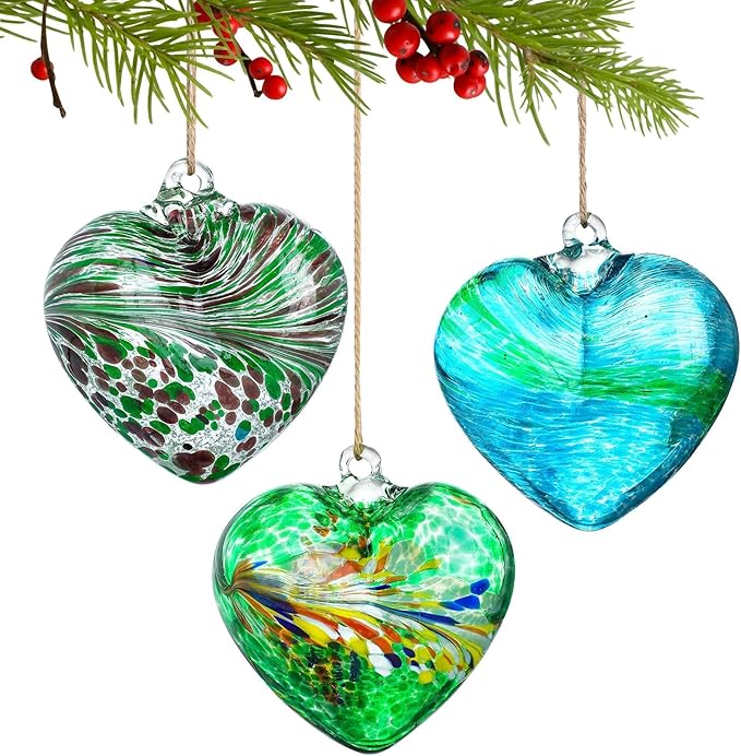Set of 3 Blown Glass Heart Ornaments Hanging Green Gazing Balls for Outdoor | Hand-Blown Craftsmanship, Easy-Hang Lanyard Design for Indoor & Outdoor Hanging