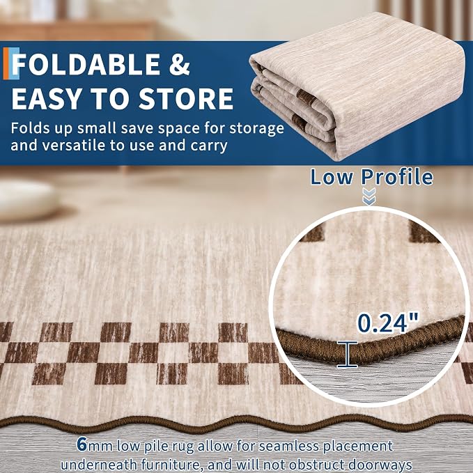 GarveeHome Washable Rug 5x7 for Living Room Large Bedroom Scalloped Rug | Non Slip Stain Resistant Modern Border Throw Carpet Soft Modern Rug for Dining Room Nursery Home Office, Beige