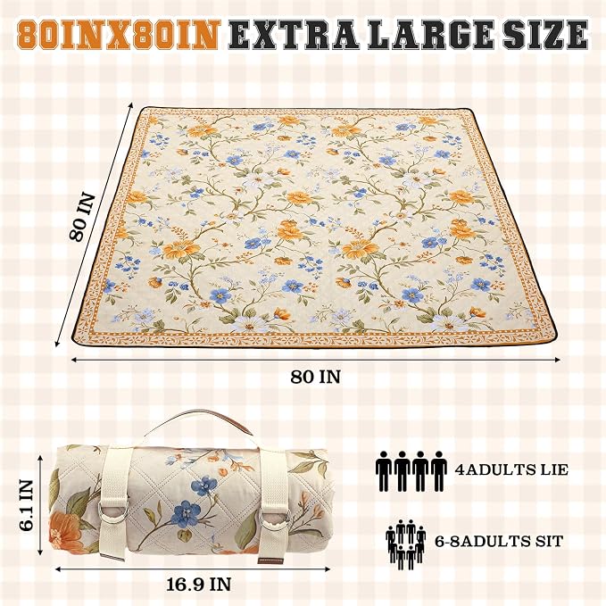 Newwiee 80 x 80 Inch Brown Floral Picnic Blanket Extra Large Outdoor Chinoiserie Picnic Mat with Carry Strap Waterproof Sandproof Blanket Foldable Portable for Beach Camping Grass Lawn Park