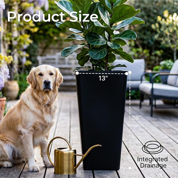 KOL Planters for Outdoor Plants, 28 Inch Tall Black Flower Pots 2 Pack, Large Plastic Plant Pots with Drainage Hole and Dual-Purpose Tray, Decorative Indoor Planter for Front Porch Patio Garden