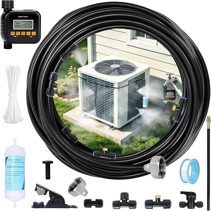 AC Condenser Misting Cooling System with Garden Timer & Water Filter & Cutter, Air Conditioner Evaporative Cooling Kit for Residential AC Units, Sun-Exposed Condensers&High-Temperature Climate Homes