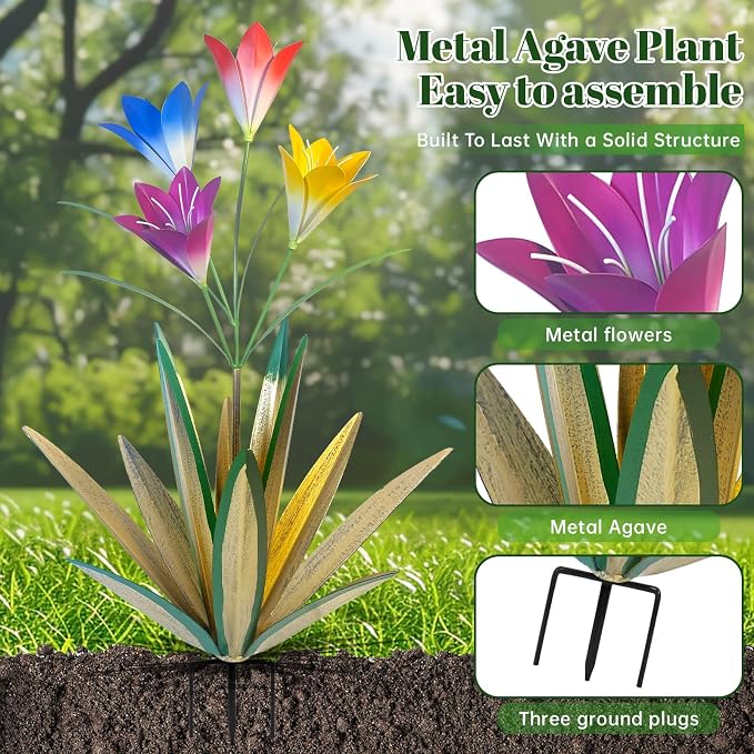 TOMBABY 32.28 Inch Metal Agave Plant Outdoor Decoration Lily Mexican Yard Art Garden Gift Home Decor Hand Painted Metal Agave Garden Yard Statue (1pc, Grass Green)
