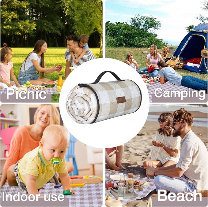 HX&OD Outdoor Picnic Blanket, Extra Large, 80''x80'' Waterproof Foldable Blankets Gingham Picnic Mat for Beach, Camping Grass Lawn Park Accessories Cute Couple Ideas Wedding (Light Brown, 80”x80”)