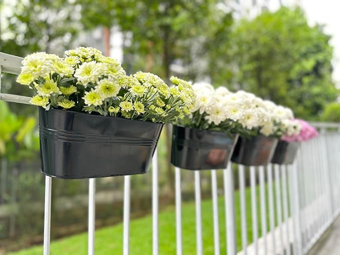 LaLaGreen Outdoor Plants Rail Planter (11.2 Inch, 8 Pack) Black Metal Iron Hanging Flower Pots Deck Railings Fence Buckets Modern Garden Boho Style Wall Mount Window Box Plant Holder Hooks Porch Decor
