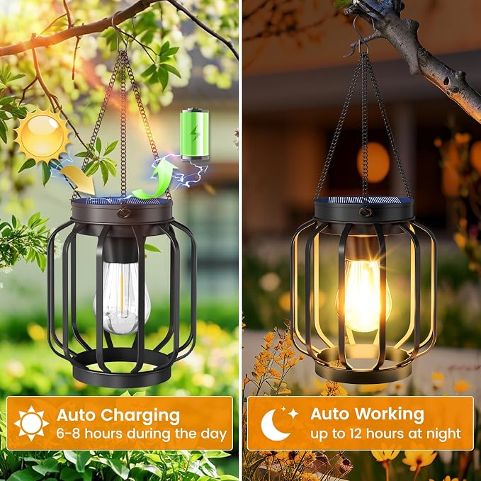 Solar Lanterns Outdoor Waterproof 2 Pack, 14.37'' Metal Hanging Solar Lights for Outside with Auto On/Off & Hook - Brighter Hanging Outdoor Lanterns Decorative Lighting for Garden Patio Yard