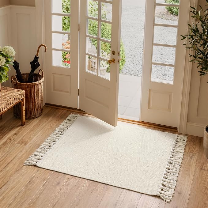 2' x 4.3' Boho Kitchen Runner Rug, White Washable Bathroom Rug | Hand-Woven Reversible Entryway Rug, Modern Farmhouse Soft Front Door Mat, Low Profile Bedroom Rugs for Laundry Bedside Decor
