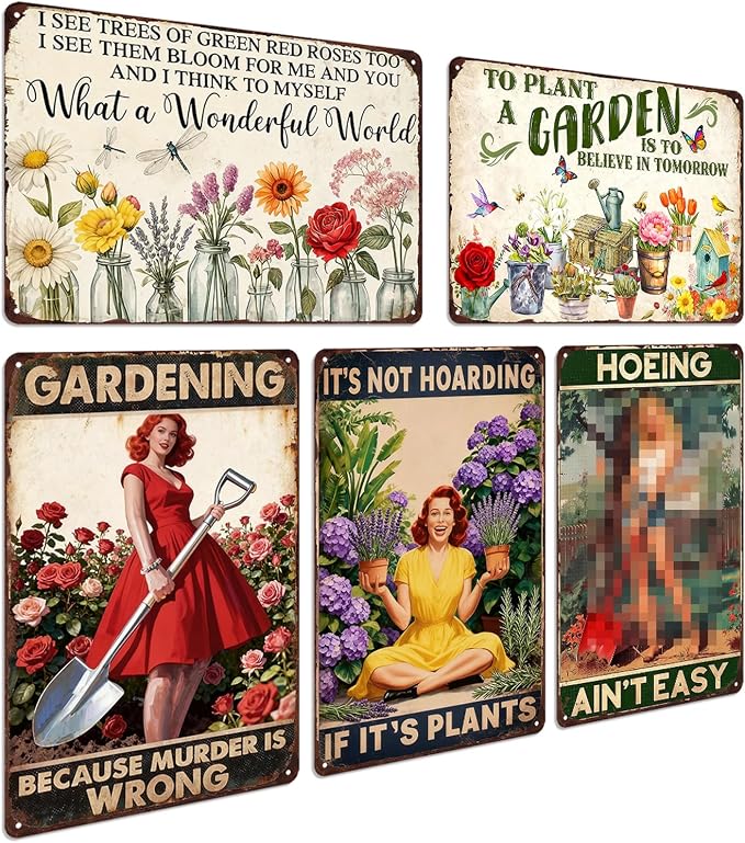 Funny Garden Metal Signs Decorative Outdoor 5 Pack Greenhouse Decorations Gardening Decor For Women Yard Tin Signs Green House Accessories For Outside Garden Sign Gardening Gifts 8x12 In